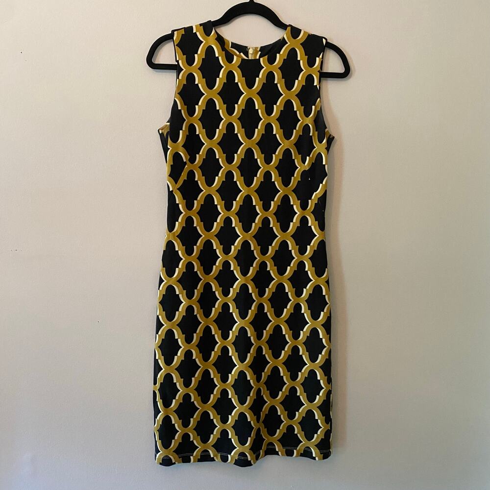 J. McLaughlin Catalina Cloth Black Yellow Preppy Knee Length Dress Women's Small